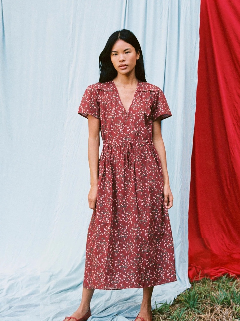 Christy Dawn Red Floral V‑Neck Midi Dress